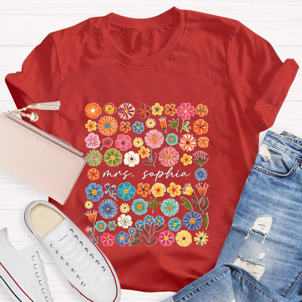 Personalized Name Pink Flowers Teacher T-Shirt