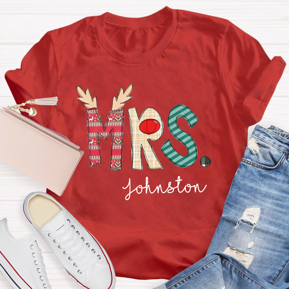 Personalized Christmas Classic Pattern Teacher Name Teacher T-Shirt