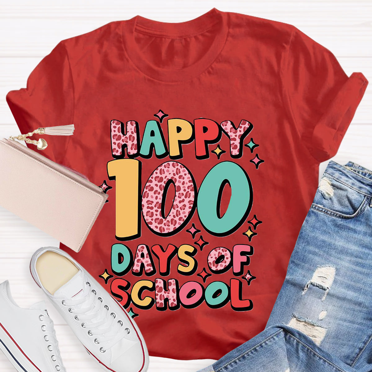 Pink Leopard Happy 100 Days Of School Teacher T-Shirt