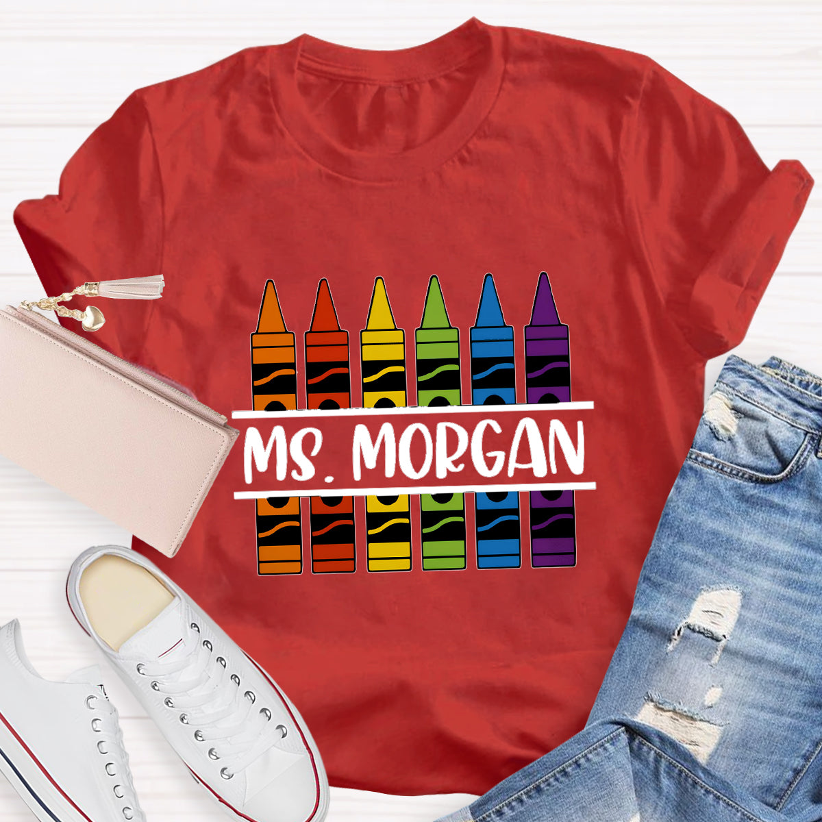 Personalized Name Crayon Printed Teacher T-shirt
