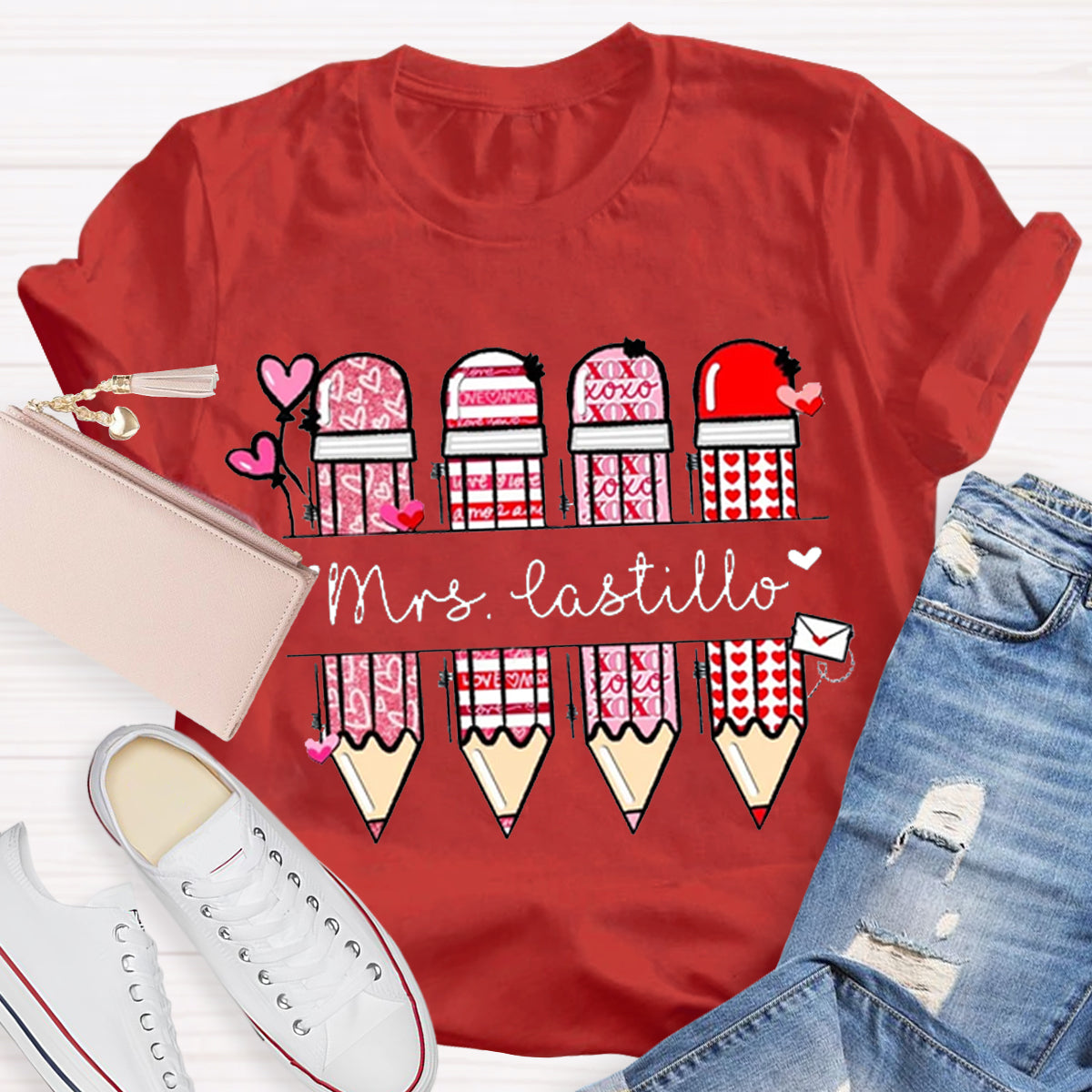 Personalized Teacher Name Pencil Valentines Day T-Shirt