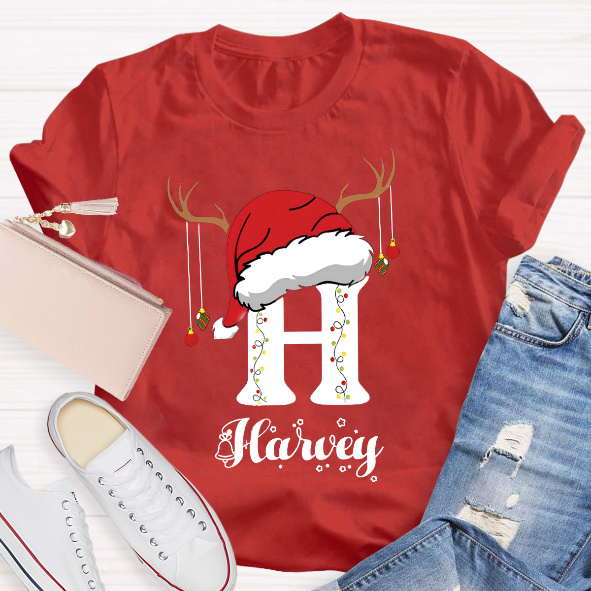 Personalized Name Santa Hat Teacher T-Shirt