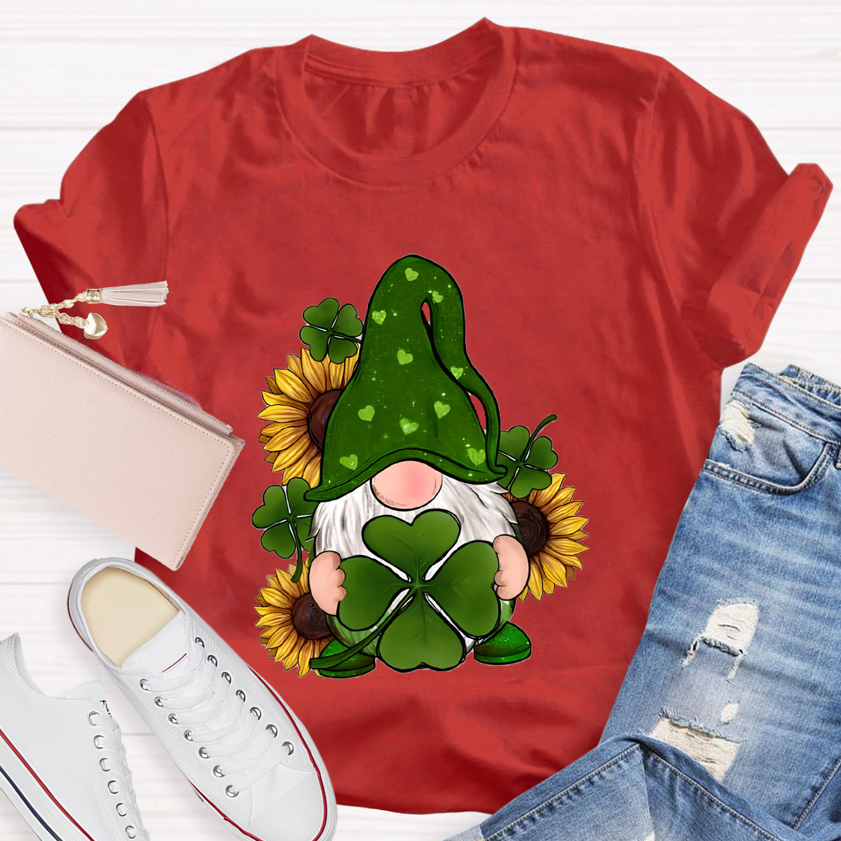 St. Patricks Day Gnome With Sunflowers Teacher T-Shirt