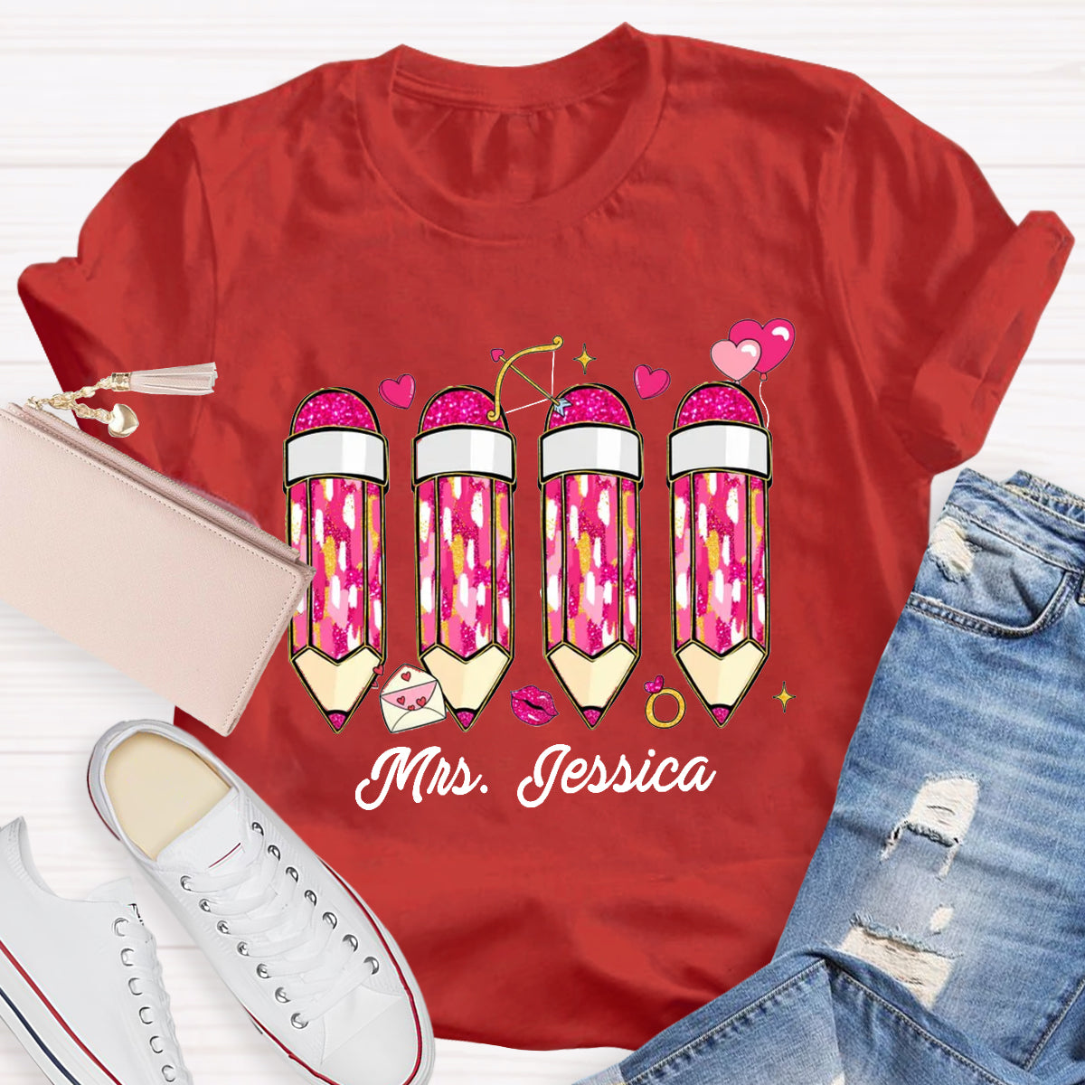 Personalized Name Pink Pencil Teacher T-Shirt