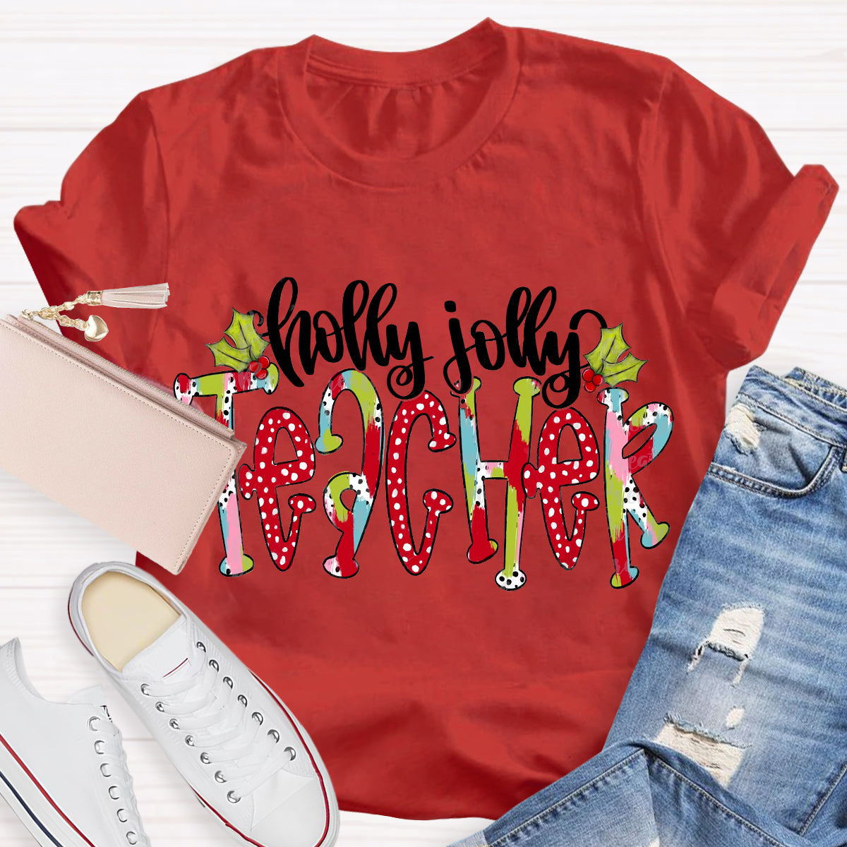 Holly Jolly Teacher Christmas Brushstrokes Dalmatian Dots Hand Lettered Teacher T-Shirt