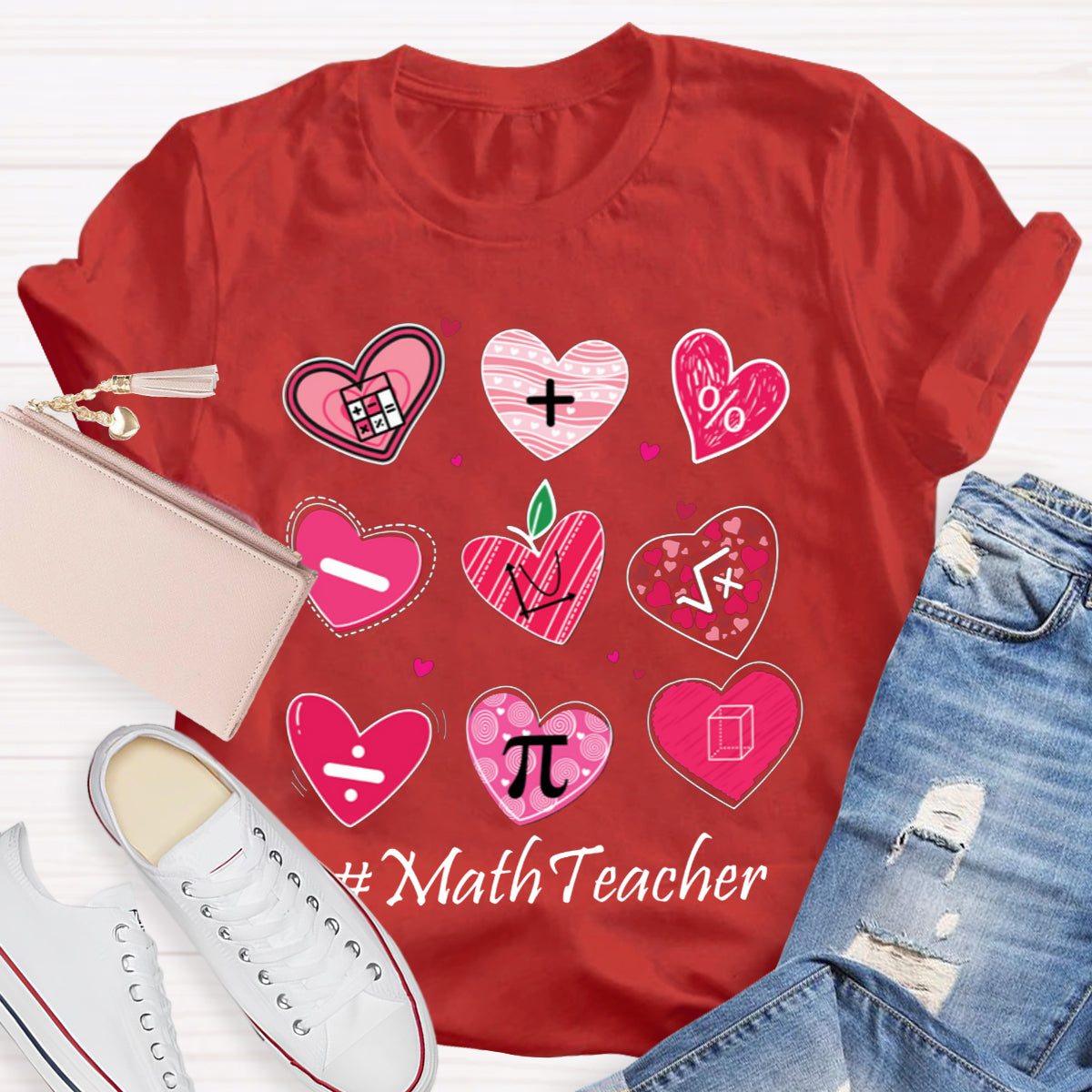 Pink Heart Math Symbols Teacher T-Shirt