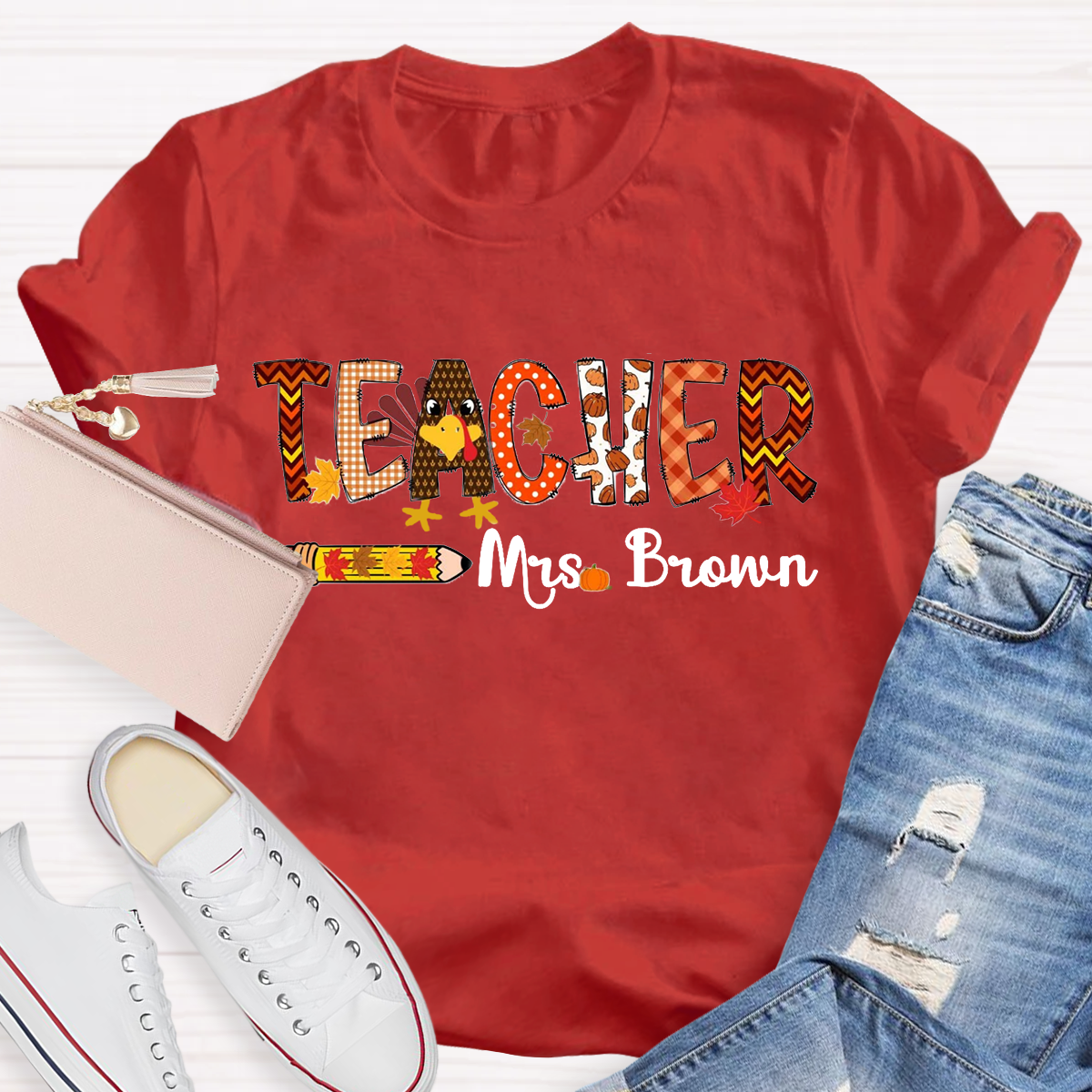 Personalized Name Thanksgiving Teacher T-Shirt