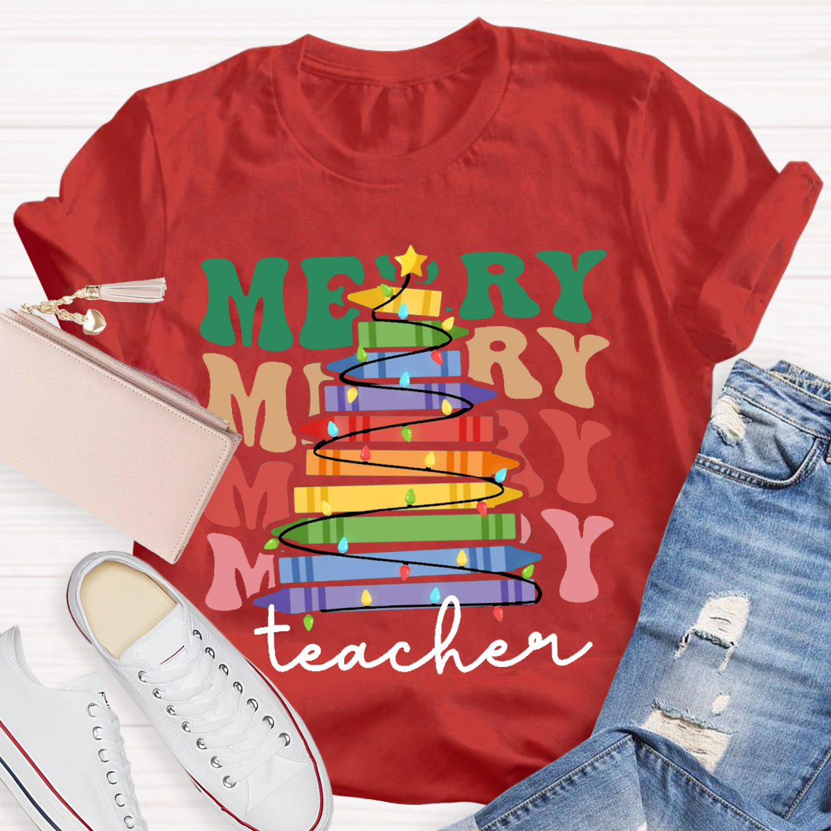 Crayon Christmas Tree Teacher T-Shirt