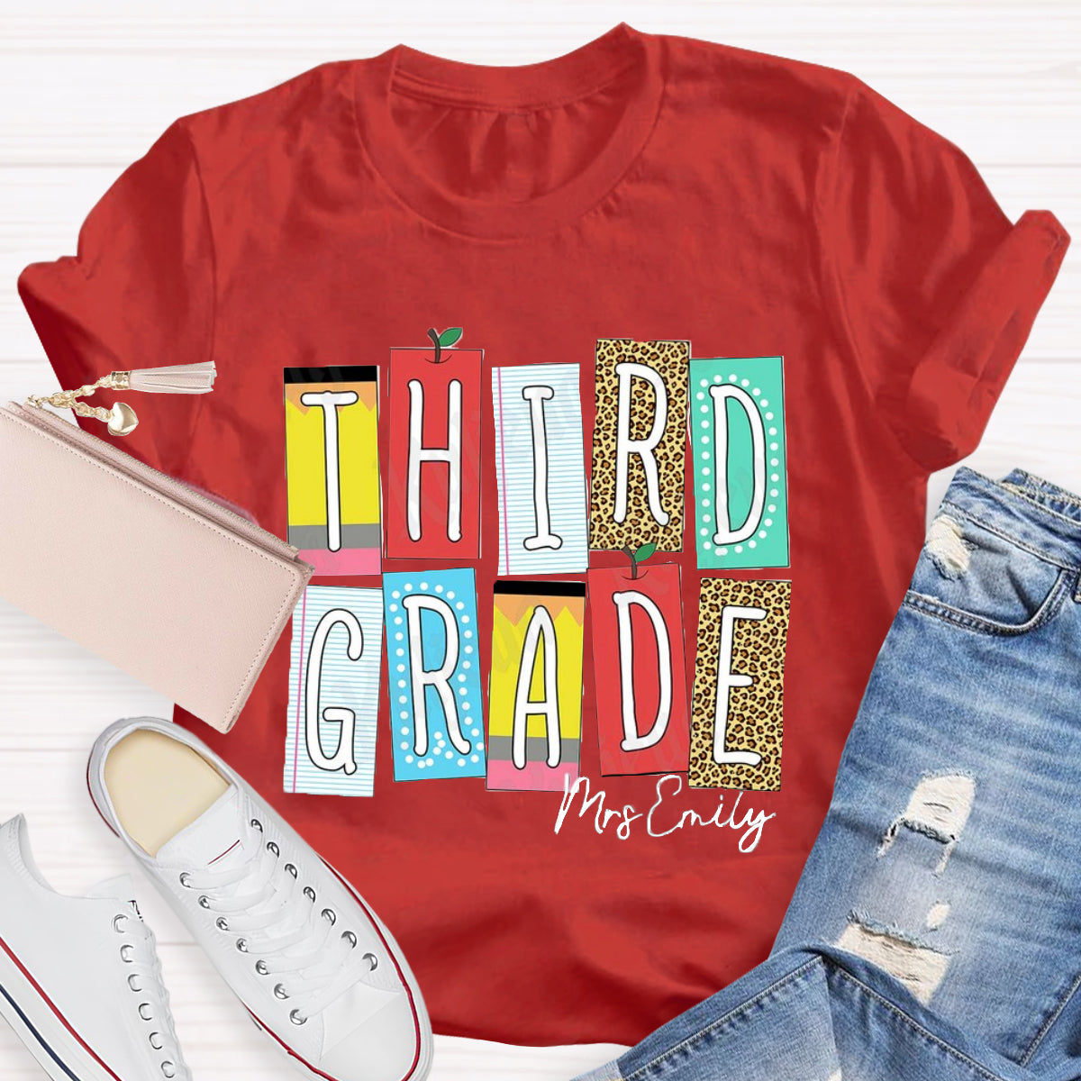 Personalized Grade And Name Leopard Color Block Teacher T-Shirt