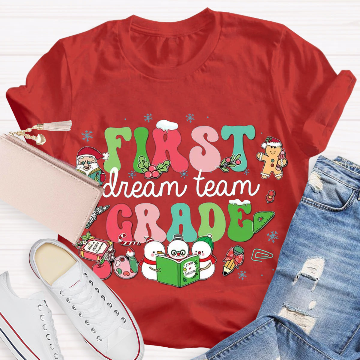 Personalized Grade Dream Team Christmas Snowman Reading A Book T-Shirt