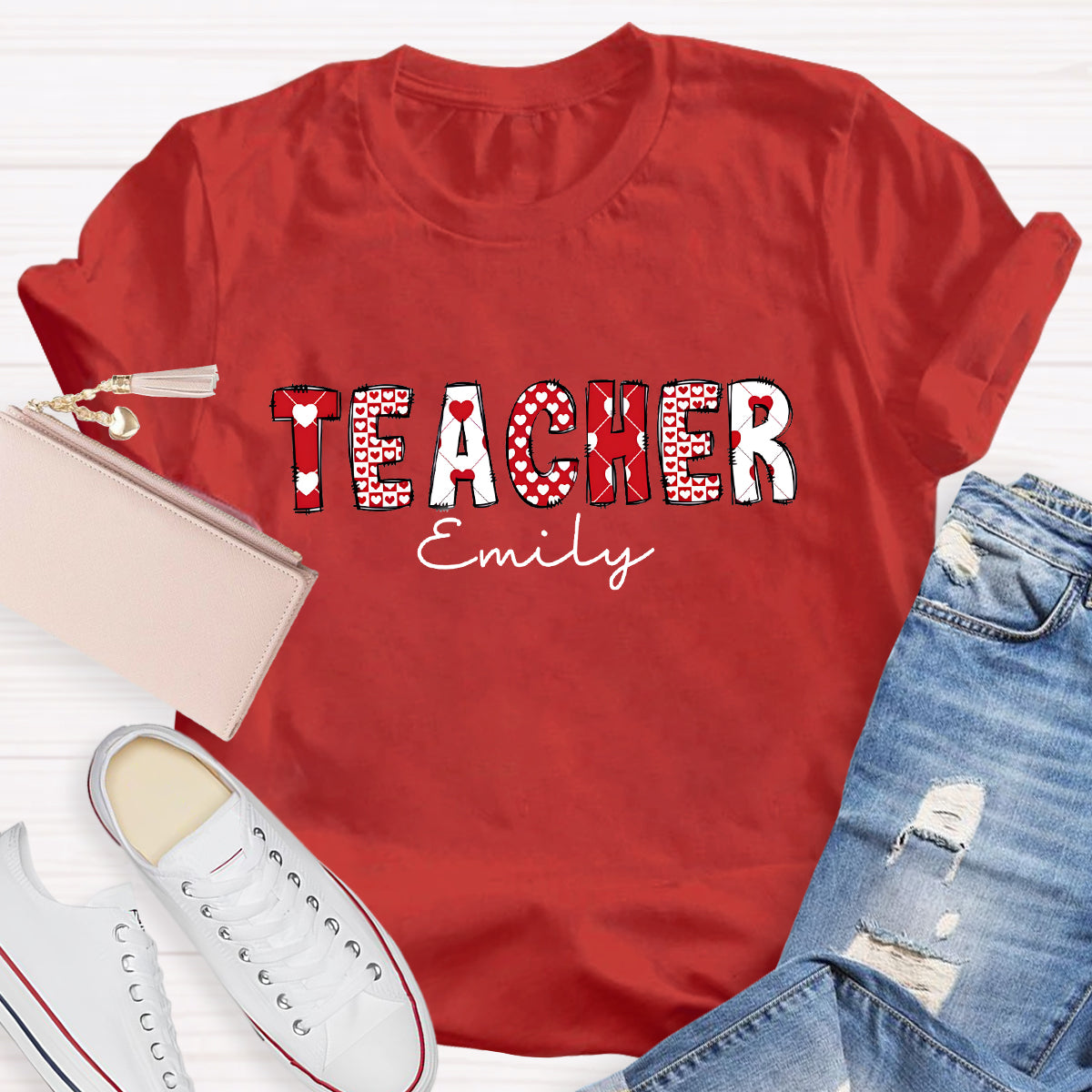 Personalized Name Pink Heart Printed Teacher T-Shirt