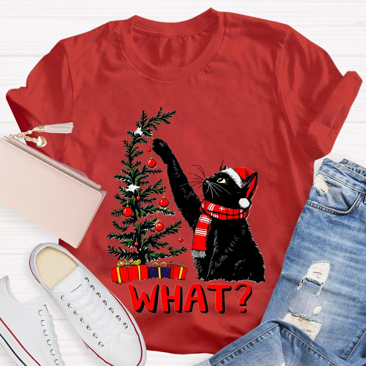 Black Cat Pushing Christmas Tree T-Shirt