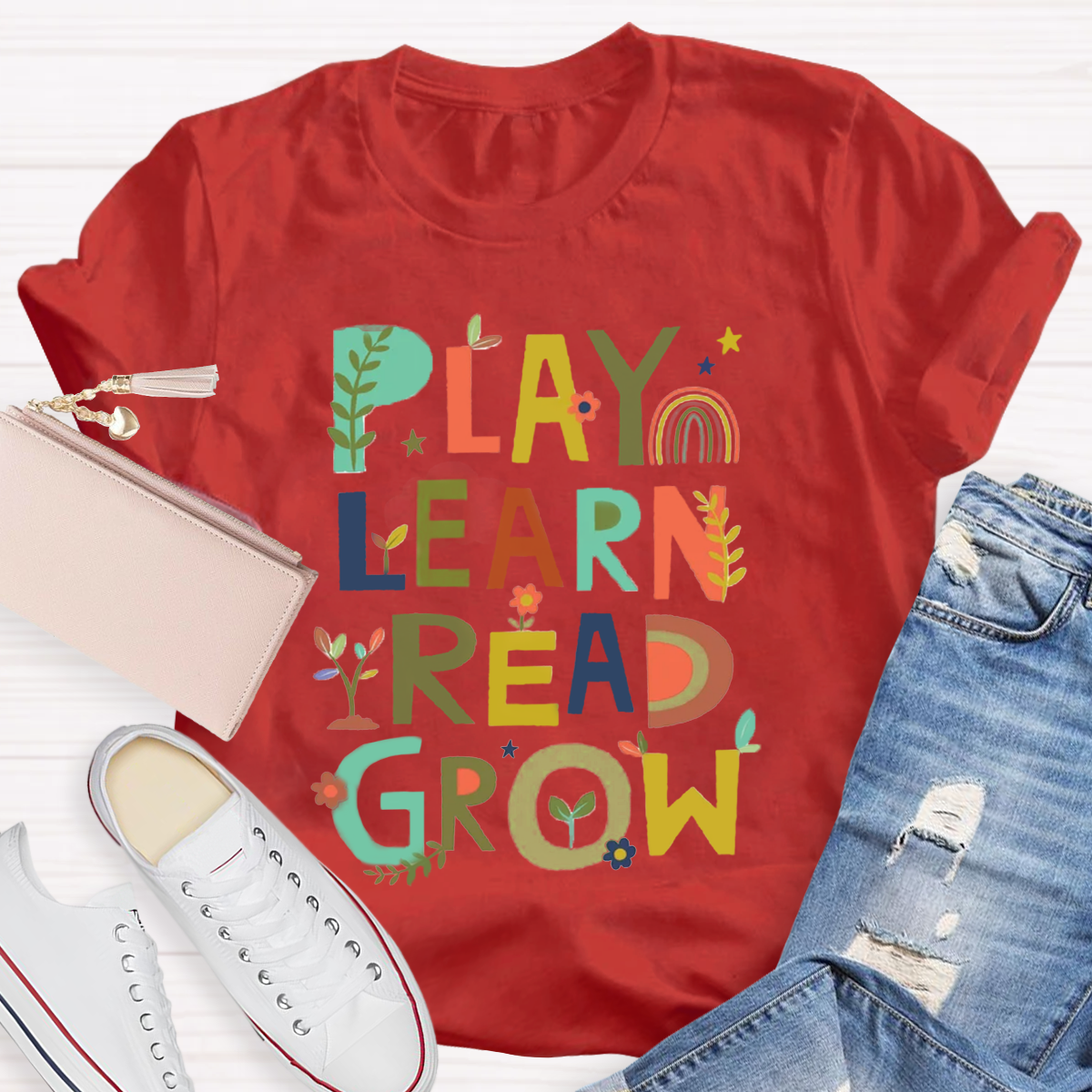 Play Learn Read Grow  Teacher T-Shirt