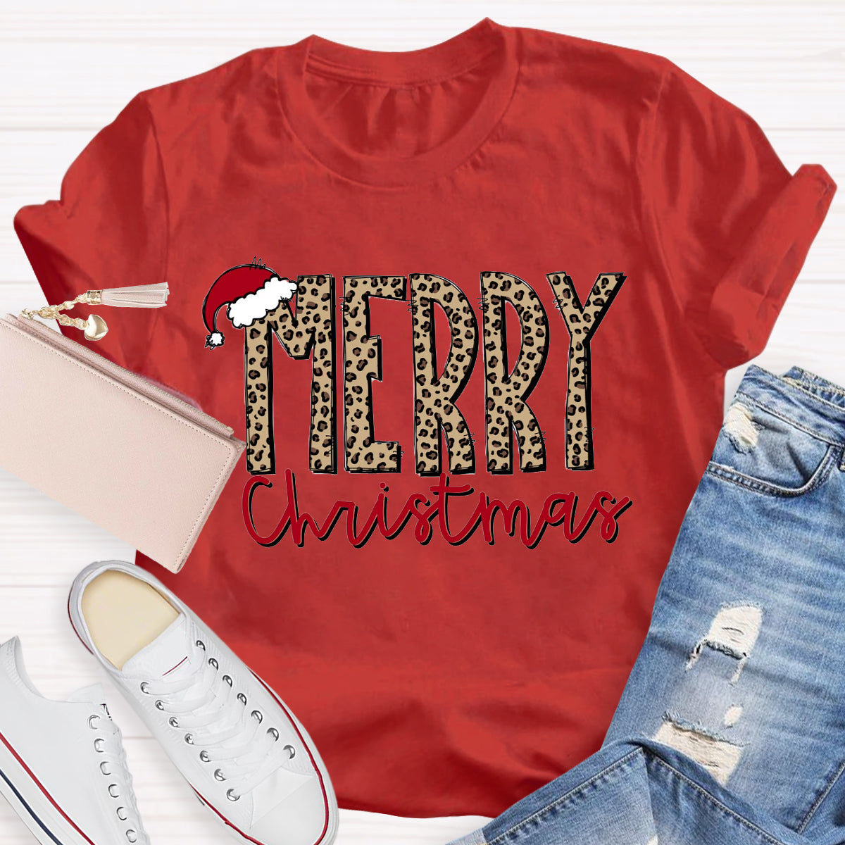 Leopard Merry Christma Teacher T-Shirt