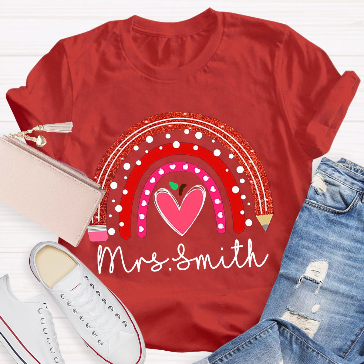 Personalized Name Rainbow Pencil Heart-Shaped Apple Teacher T-Shirt