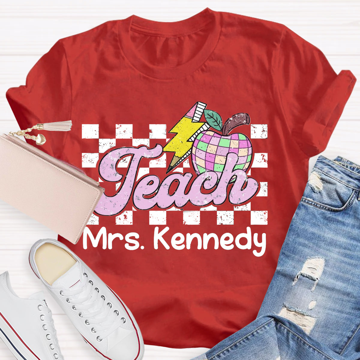 Personalized Teacher Name Retro Checkered Teacher T-Shirt