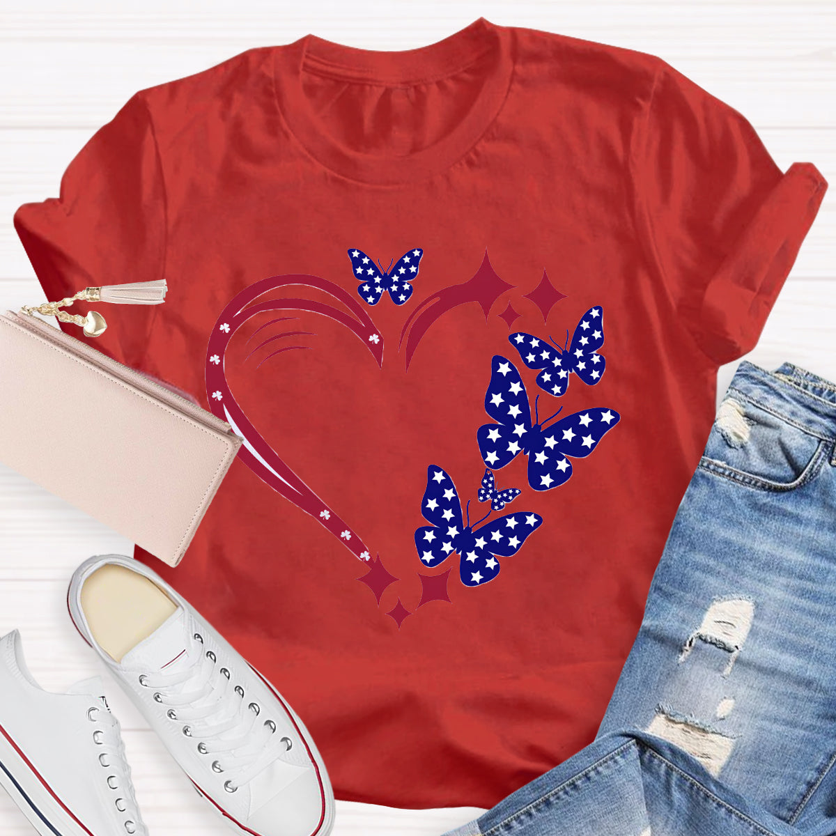 Stars And Strips Butterfly Teacher T-Shirt