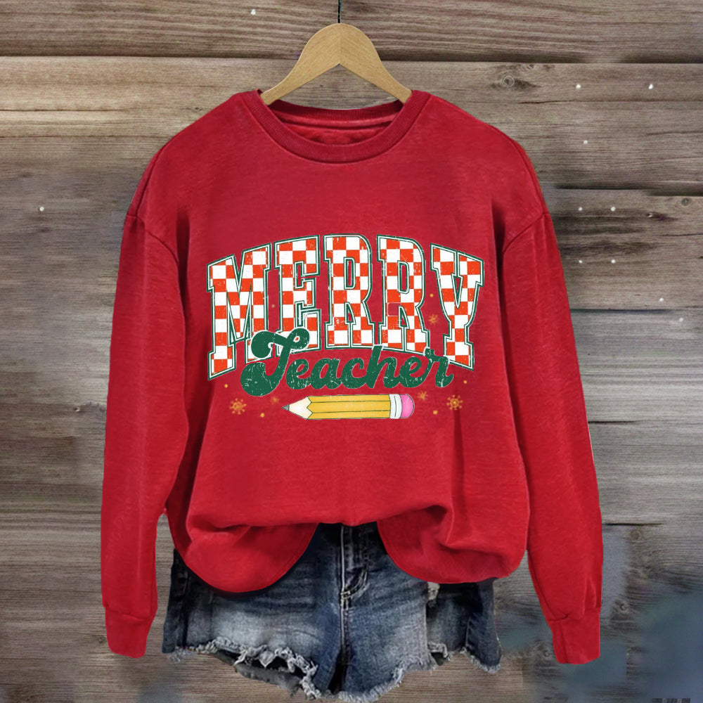 Merry Teacher Plaid Pencil Sweatshirt