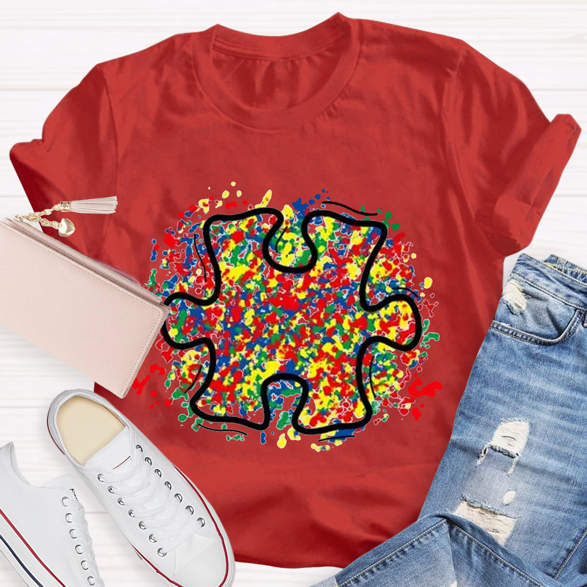 Colorful Autism Puzzle Piece Teacher T-Shirt