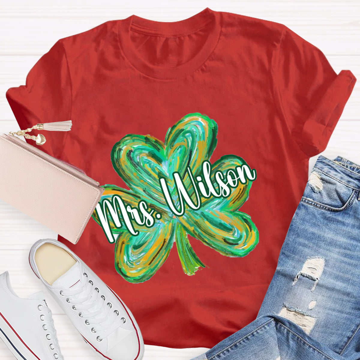 Personalized Name Colorful Shamrock Teacher T-Shirt