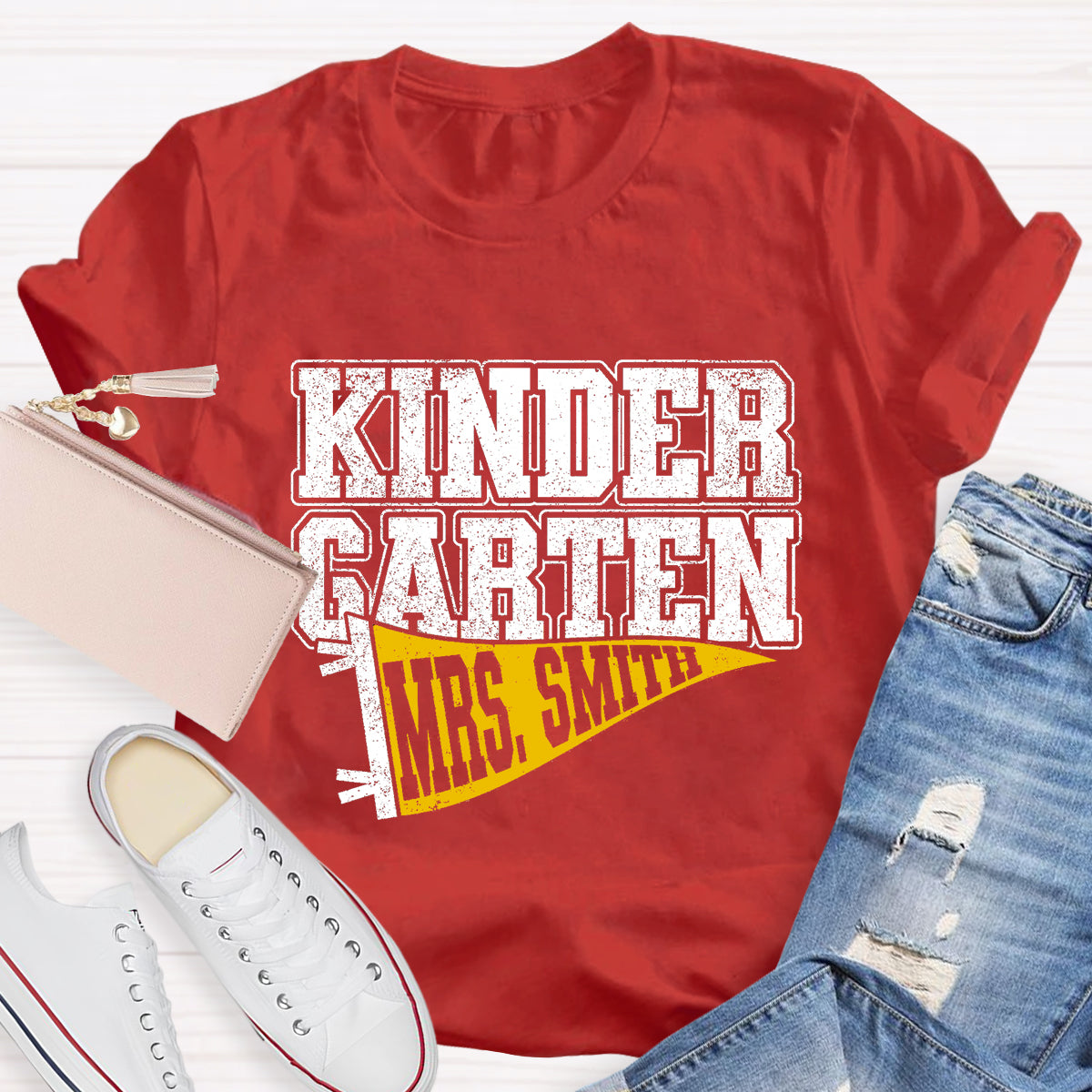 Personalized Grade And Name Flag Shaped Print Teacher T-Shirt