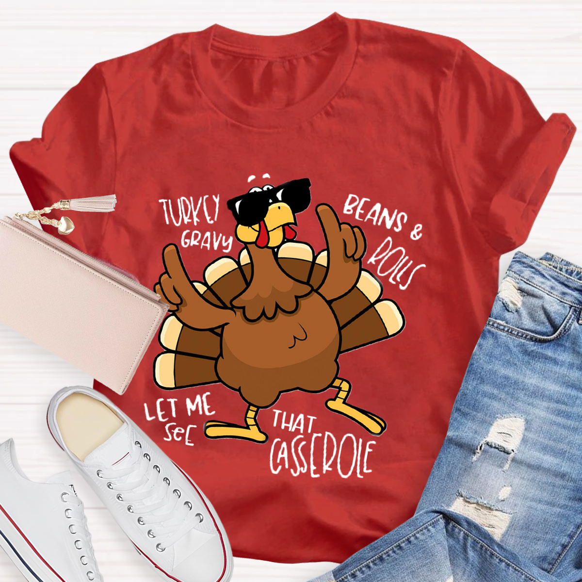 Turkey Gravy Beans Rolls Thanksgiving Teacher T-Shirt