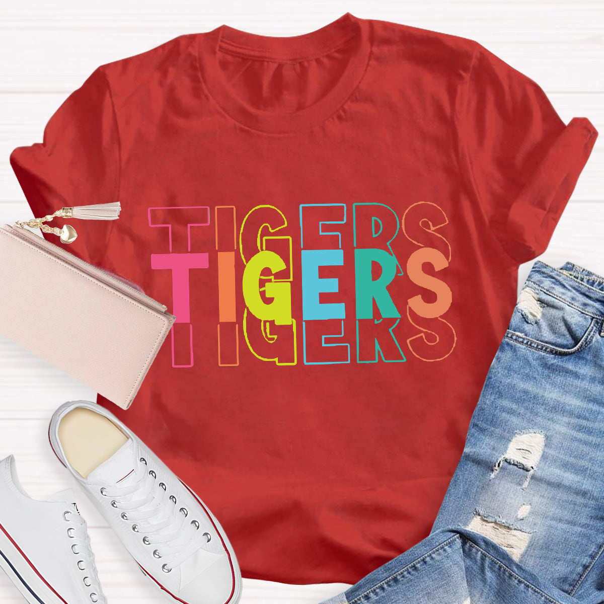 Personalized  Mascot Tigers Colorful Letters Teacher T-Shirt
