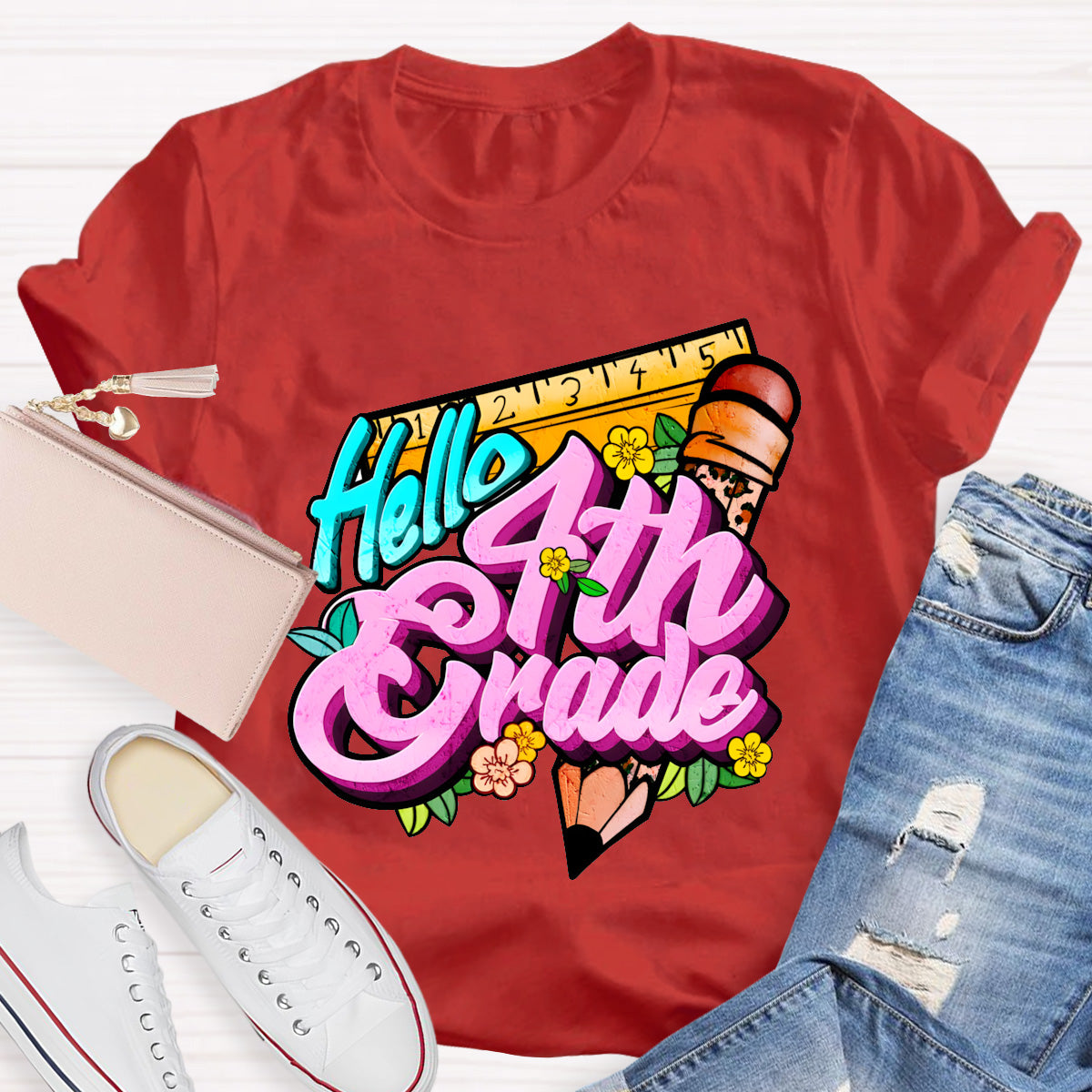 Personalized Grade Hello 4th Grade Back To School Teacher T-Shirt