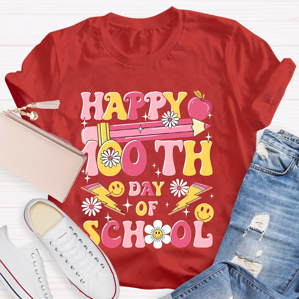 Happy 100 Days Of School Pink Pencil Teacher T-Shirt