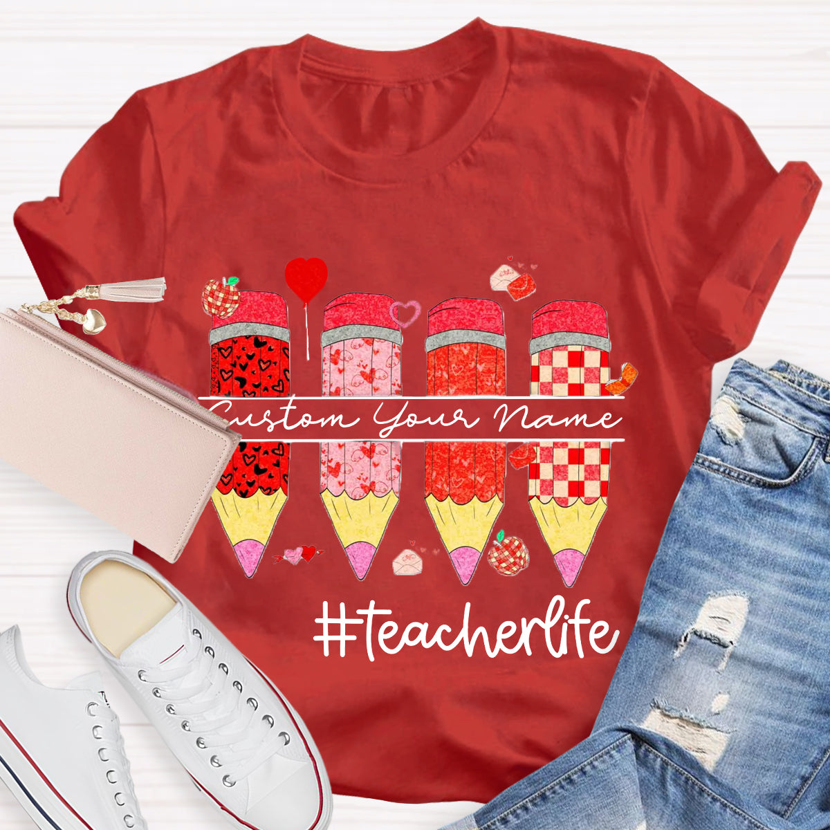 Personalized Name Red Pencil Teacher Life T-Shirt