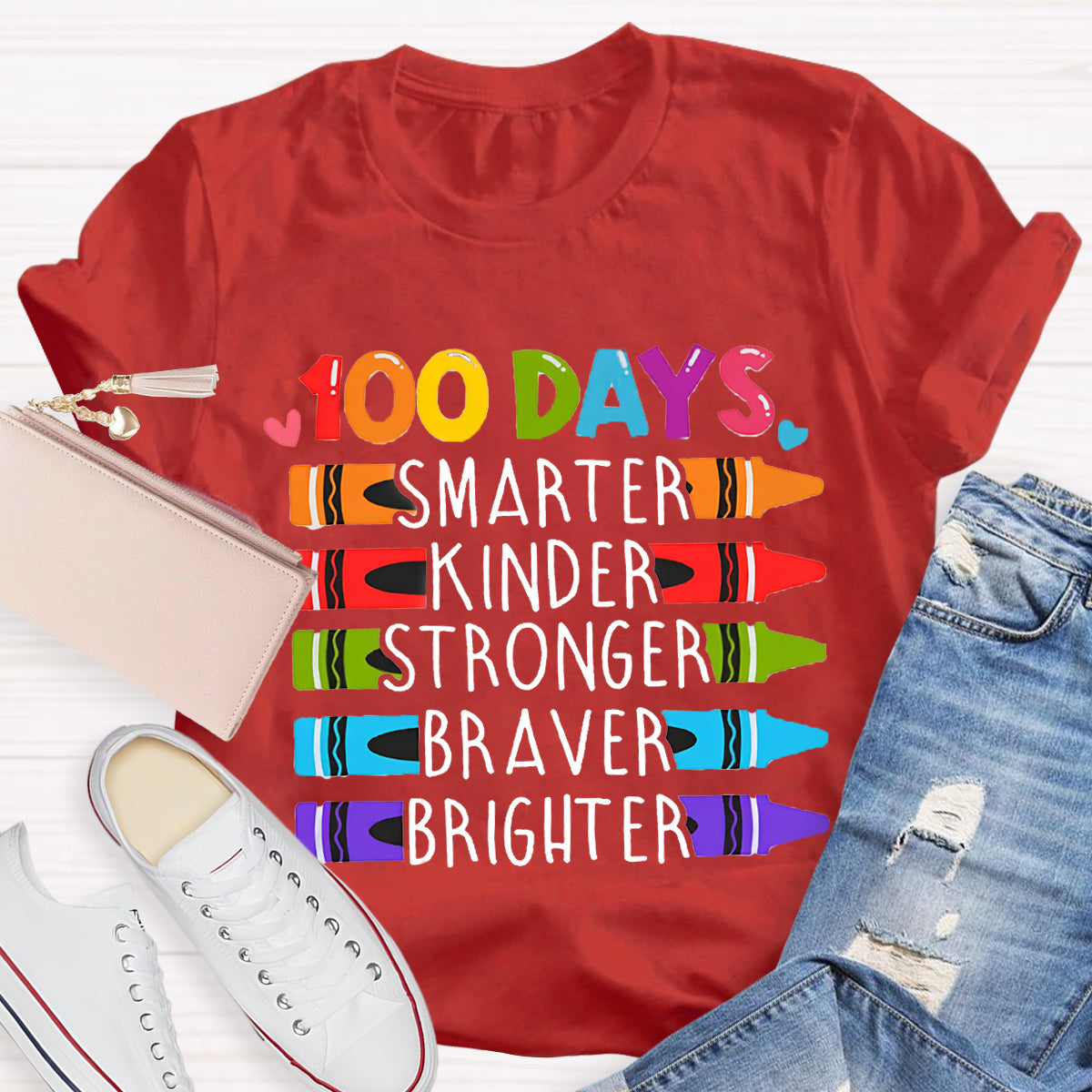 100 Days Smarter Kinder Stronger Crayon T-Shirt