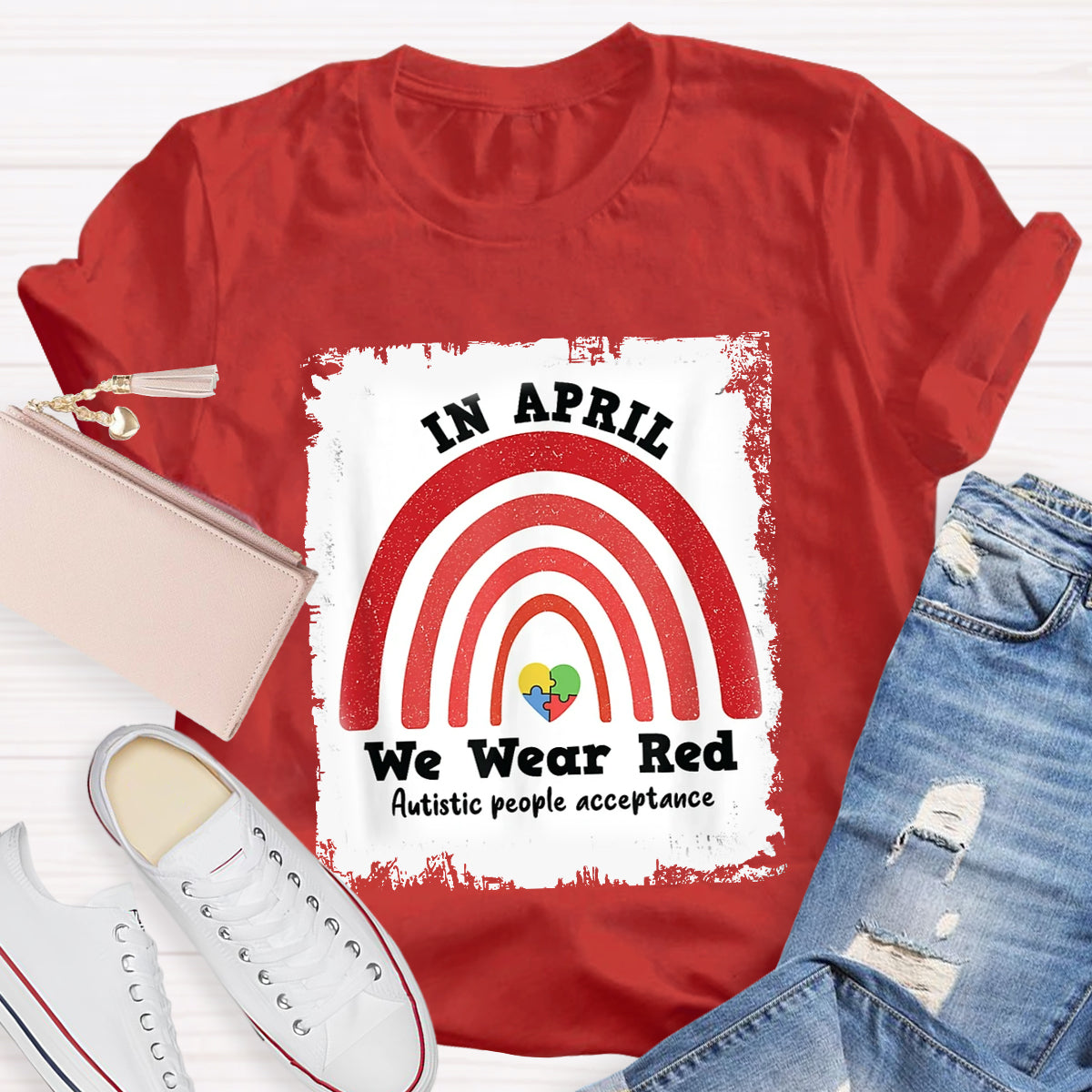 In April We Wear Red Autism People Acceptance T-Shirt