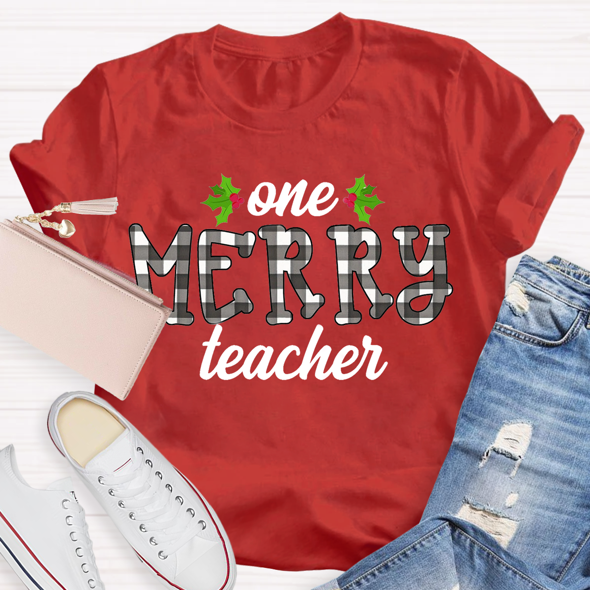 One Merry Teacher Christmas Plaid T-Shirt