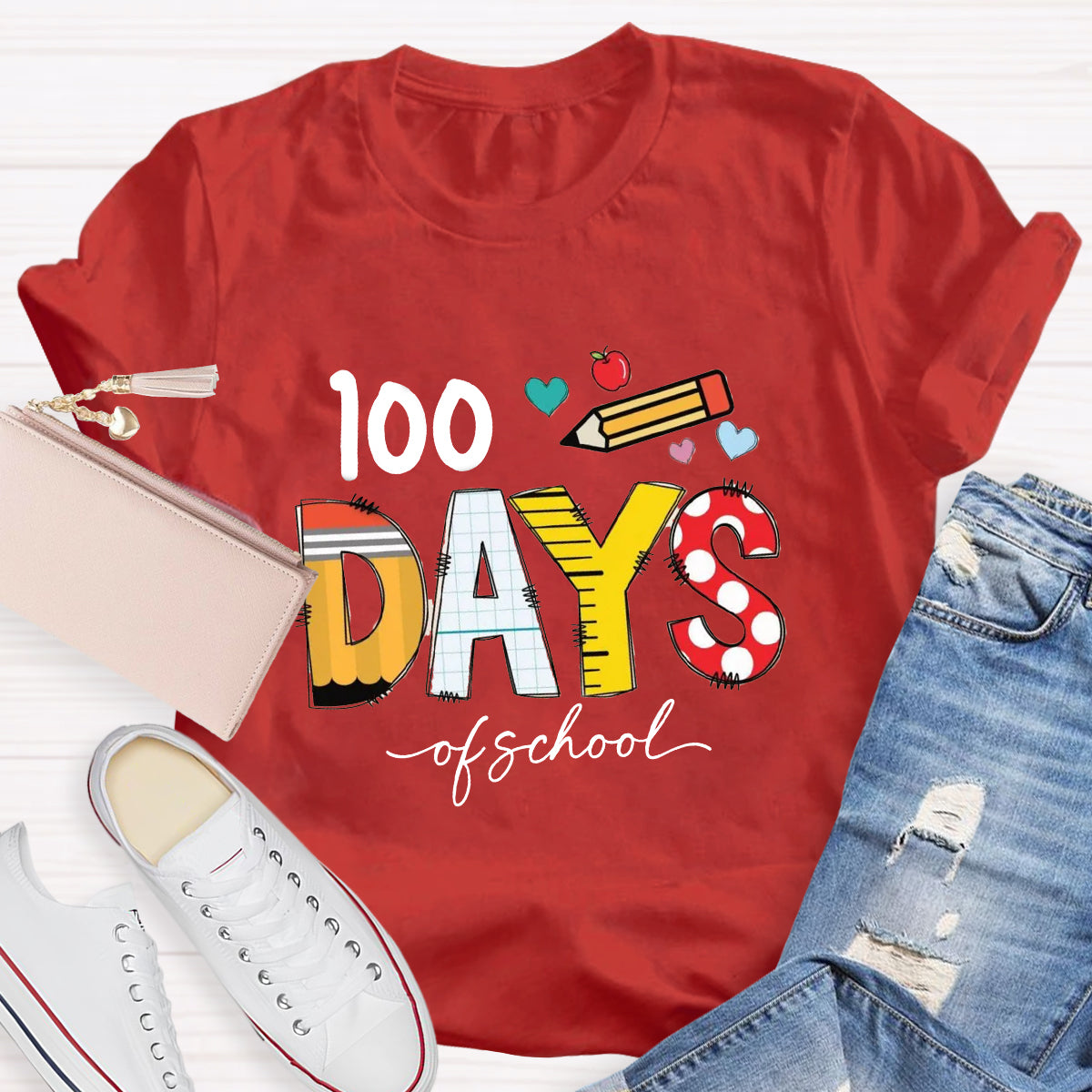 100 Days Of School Pencil Apple Teacher T-Shirt