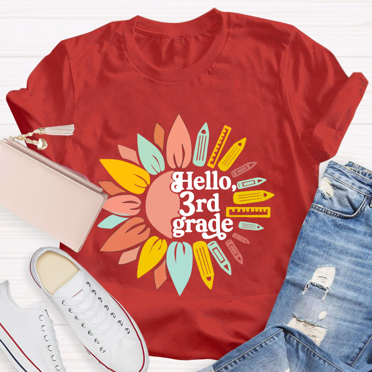 Personalized Grade Hello 3rd Grade Sunlower Teacher T-Shirt