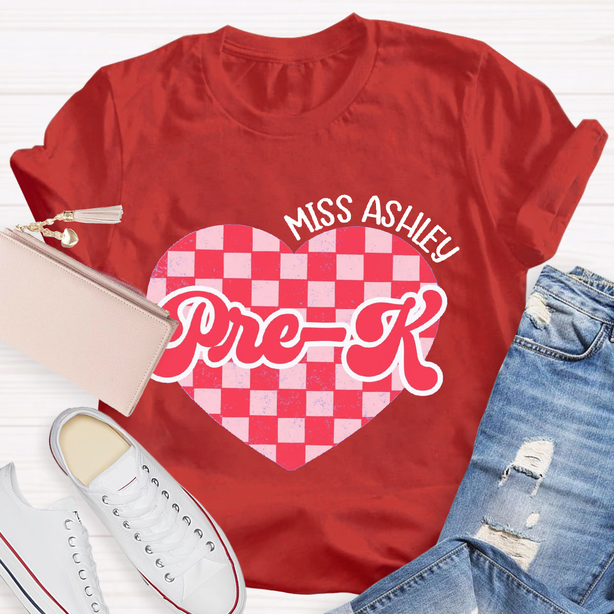 Personalized Name And Grade Pink Heart Teacher T-Shirt