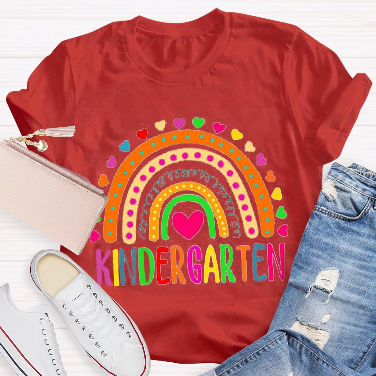 Personalized Colorful Heart Rainbow Teacher T-Shirt