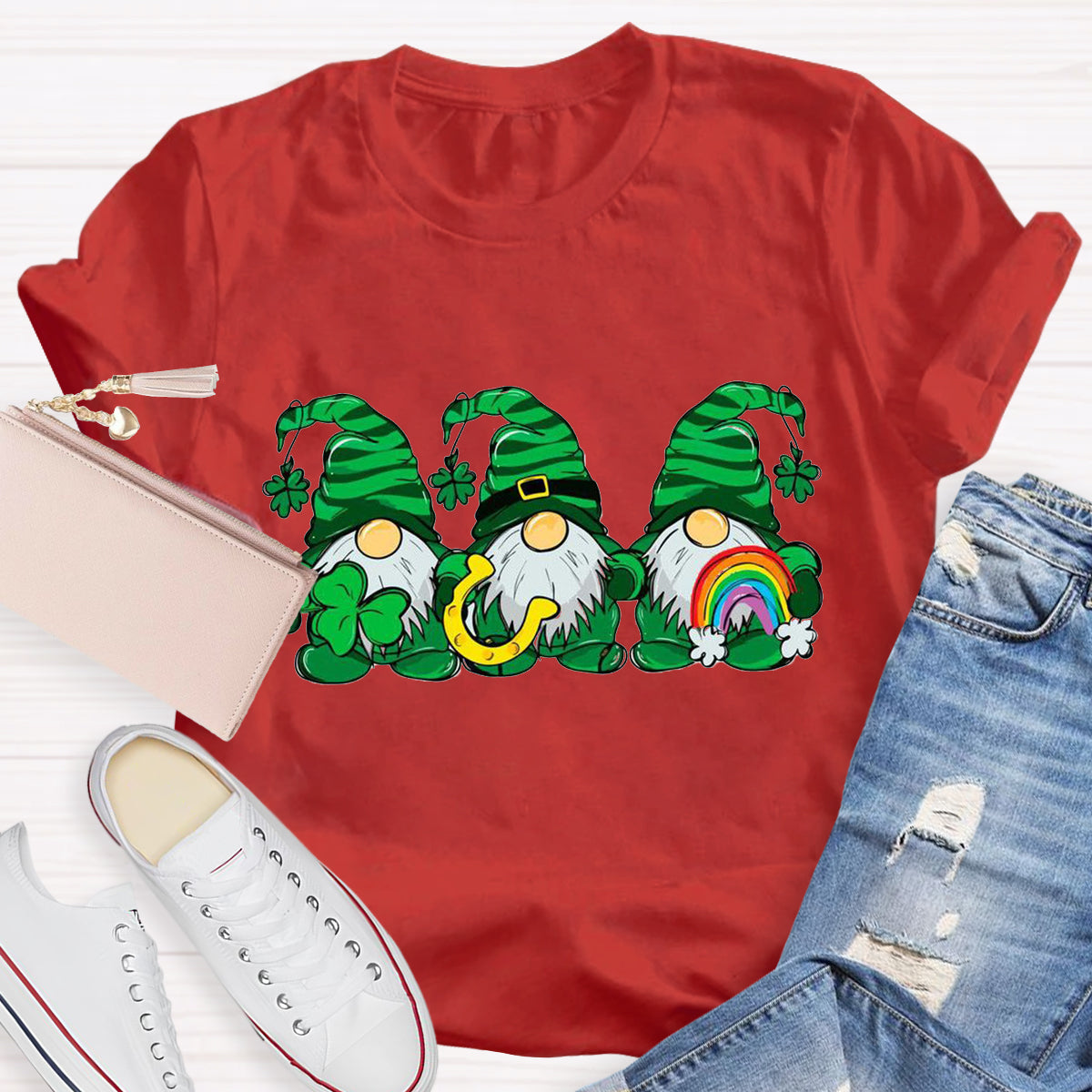 Three St Patricks' Day Gnome With Rainbow T-Shirt