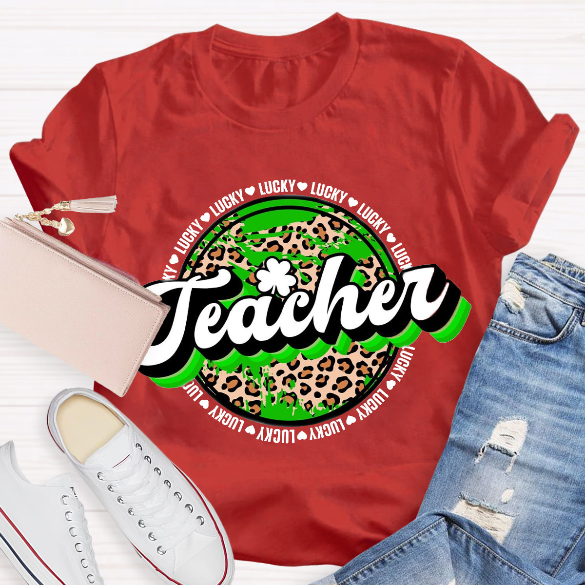 St. Patrick's Day Lucky Leopard Shamrock Teacher T-Shirt