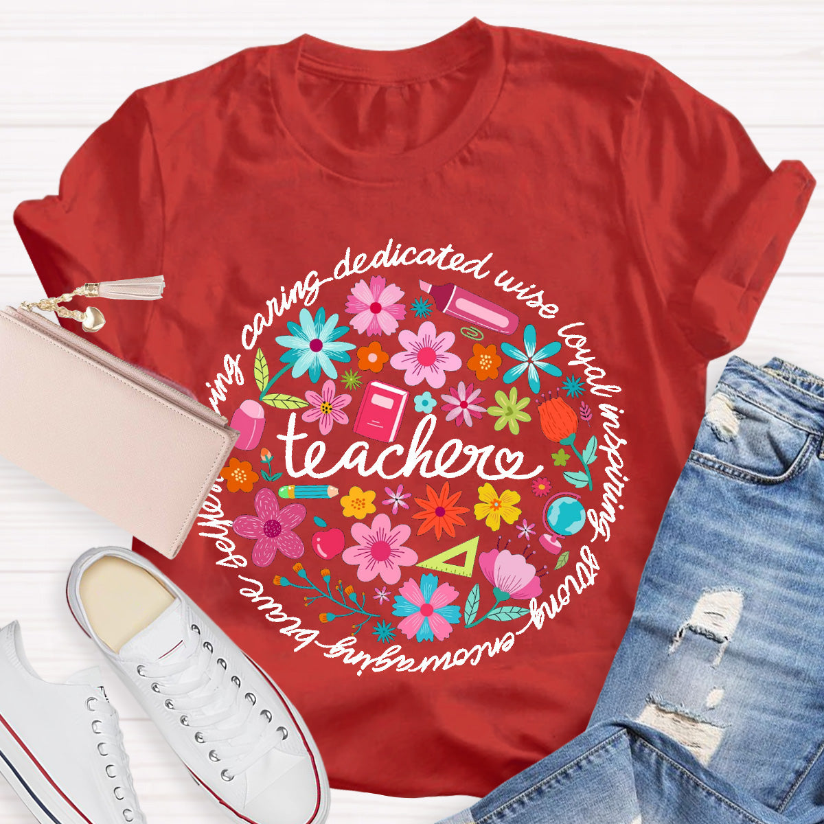 Loving Caring Dedicated Floral Teacher T-Shirt