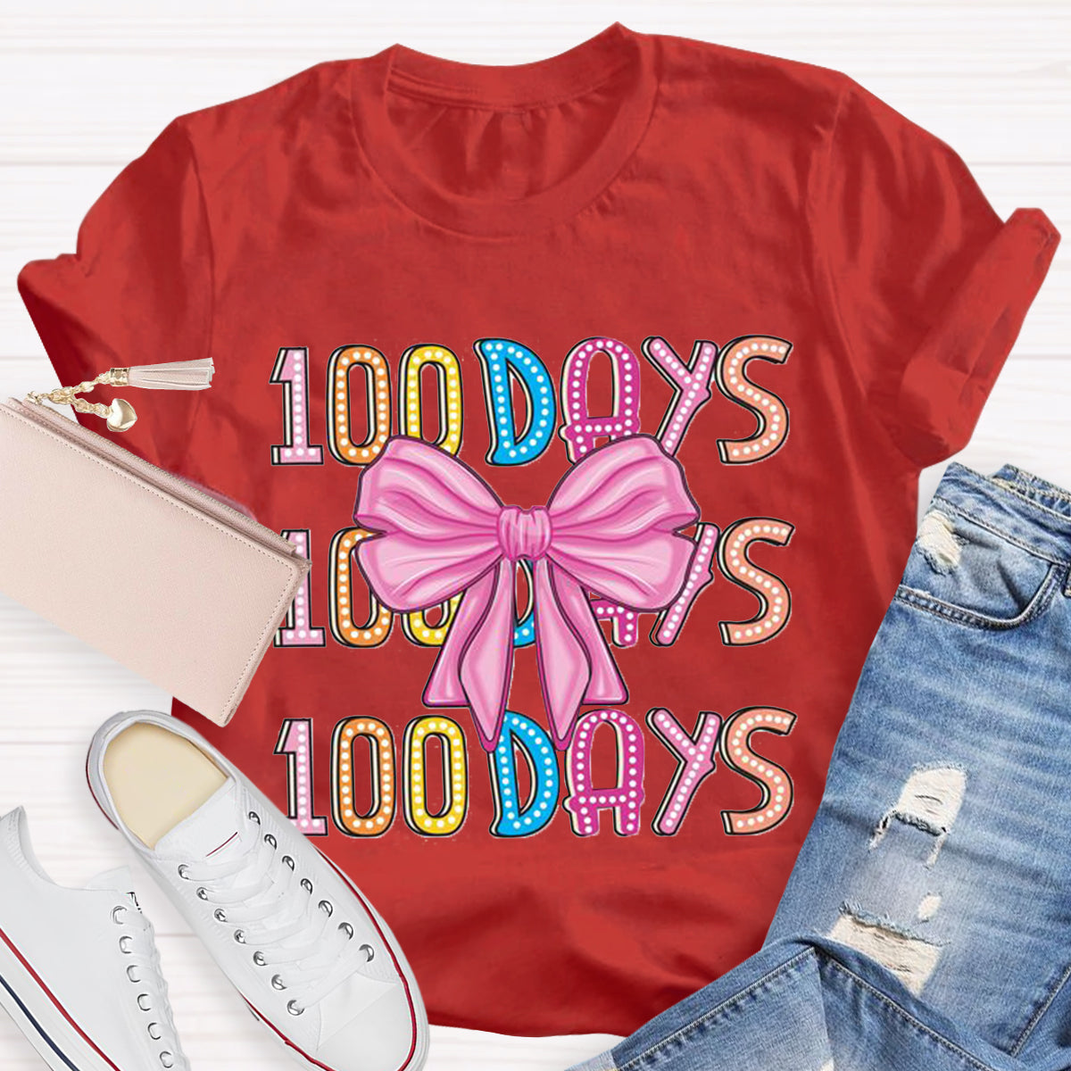 Happy 100 Days Of School  Polka Dot Bow  T-Shirt