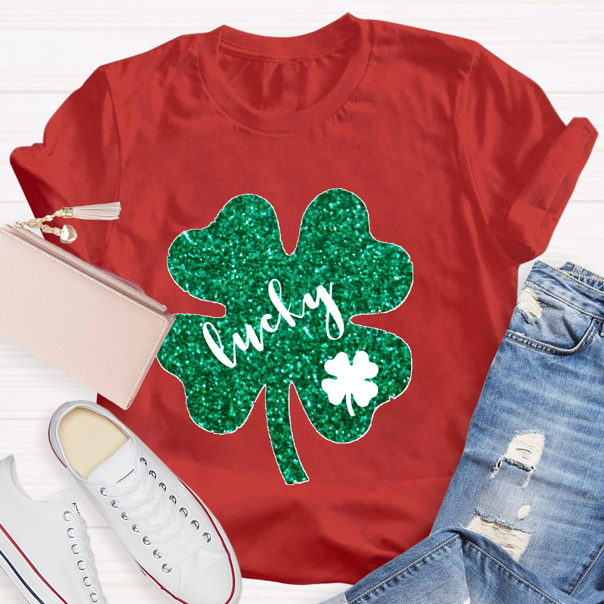 Green Glitter Shamrock Lucky Teacher T-Shirt