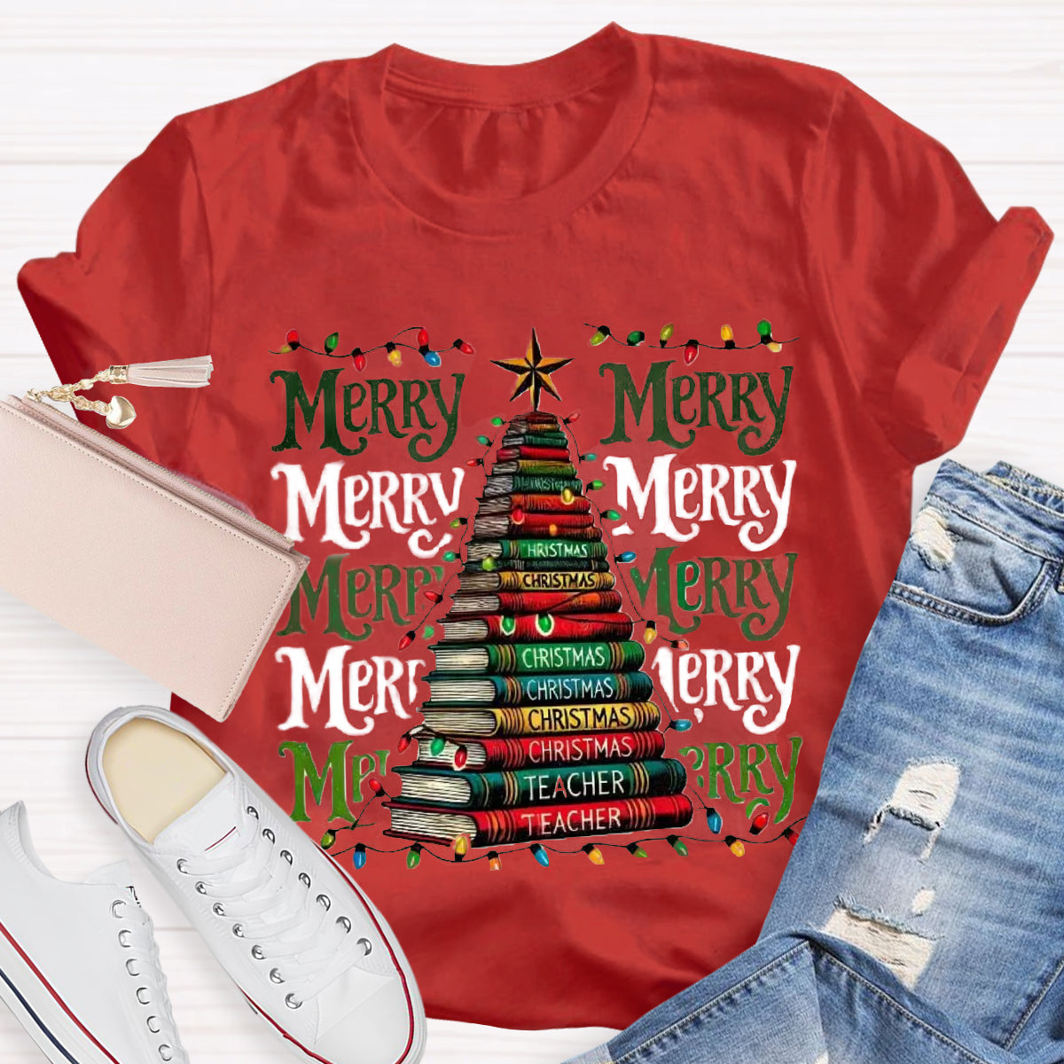 Merry Christmas Book Tree Teacher T-Shirt