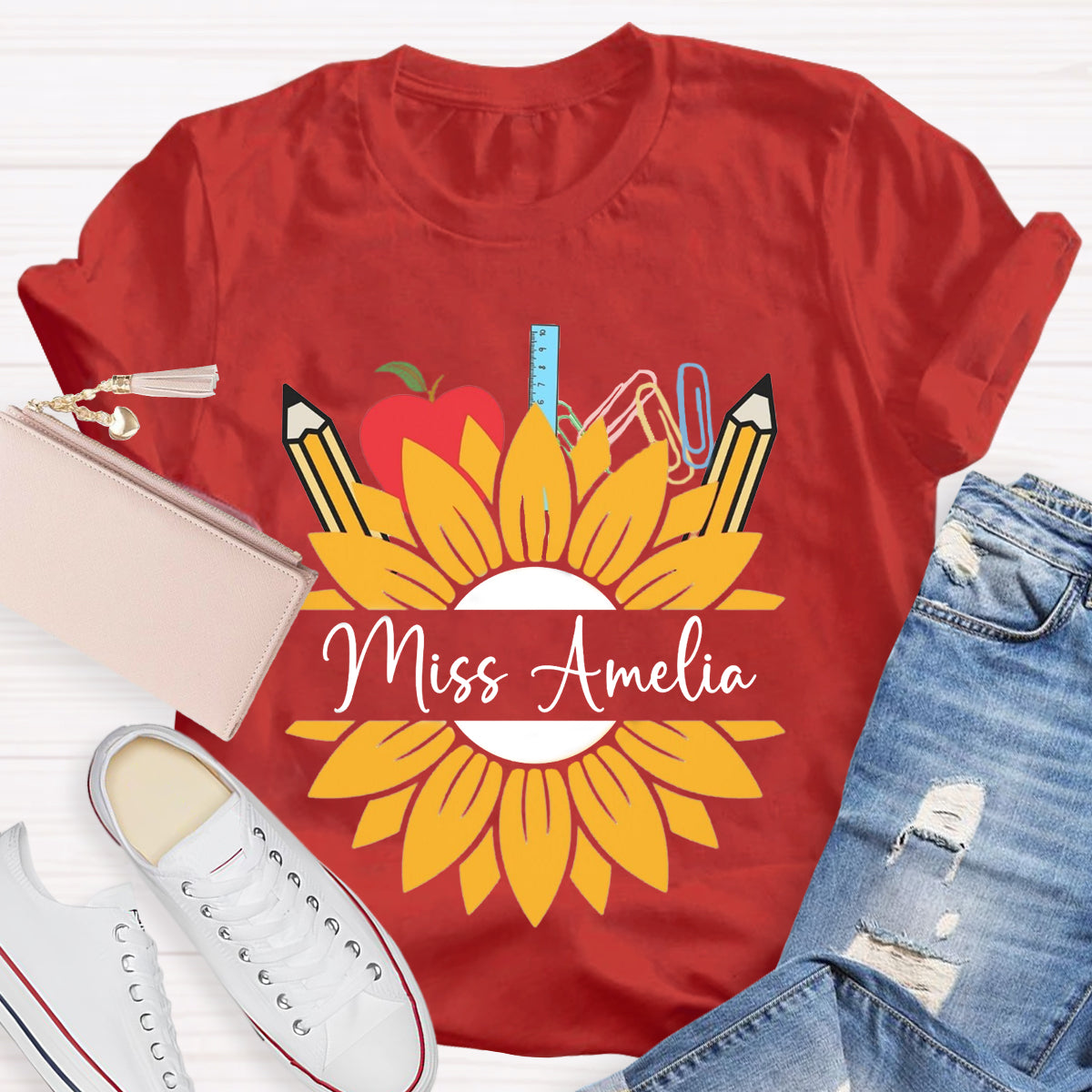 Personalized Name Sunflower Apple Pencil Teacher T-Shirt