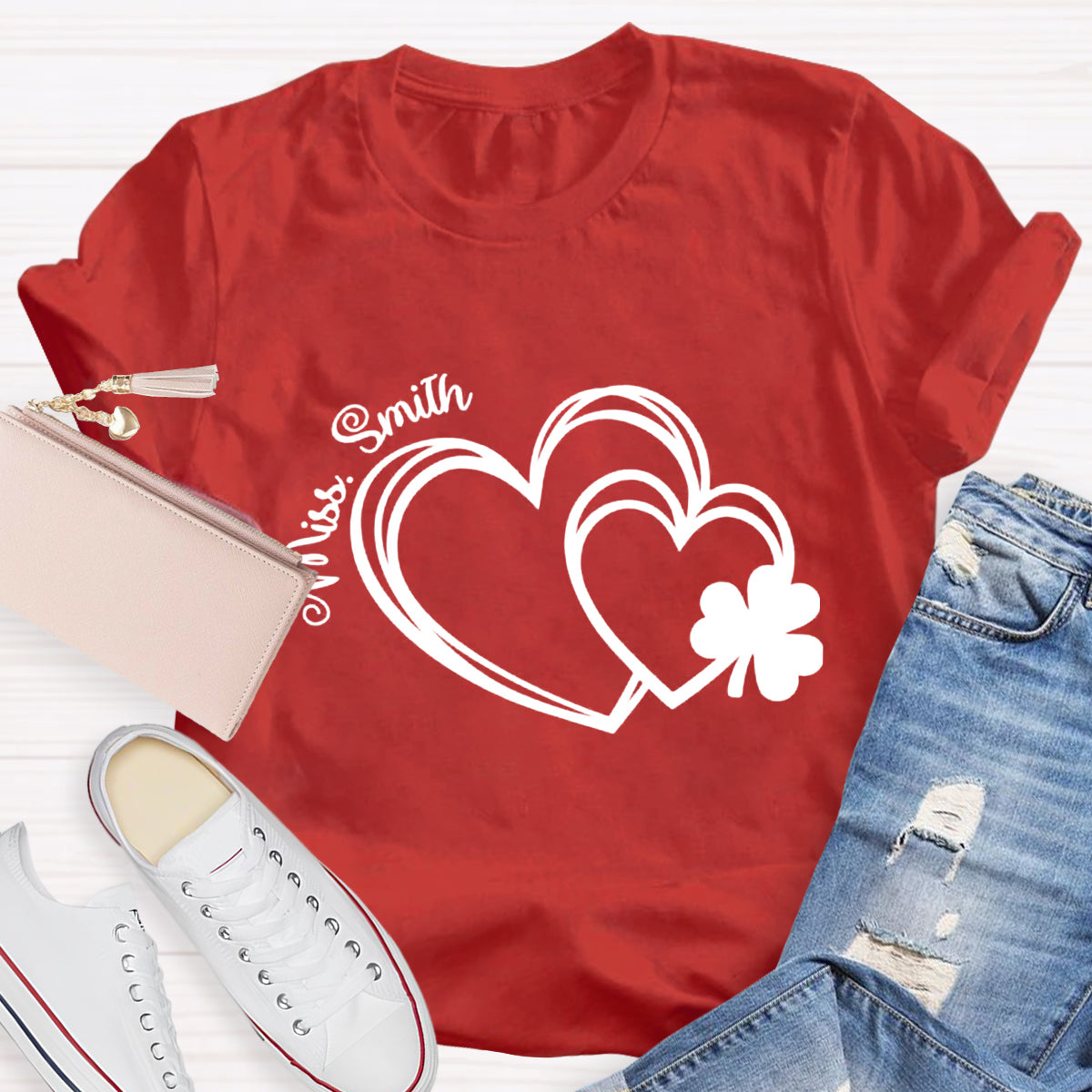 Personalized Name Heart Shamrock Teacher T-Shirt