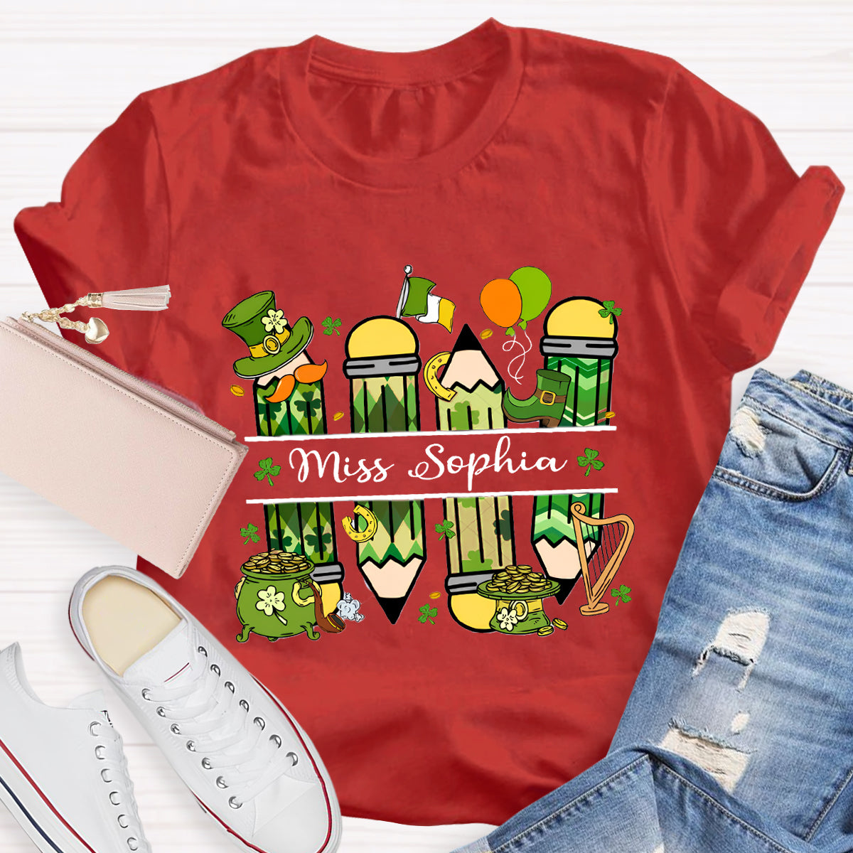 Personalized Name Green Pencil Teacher T-Shirt