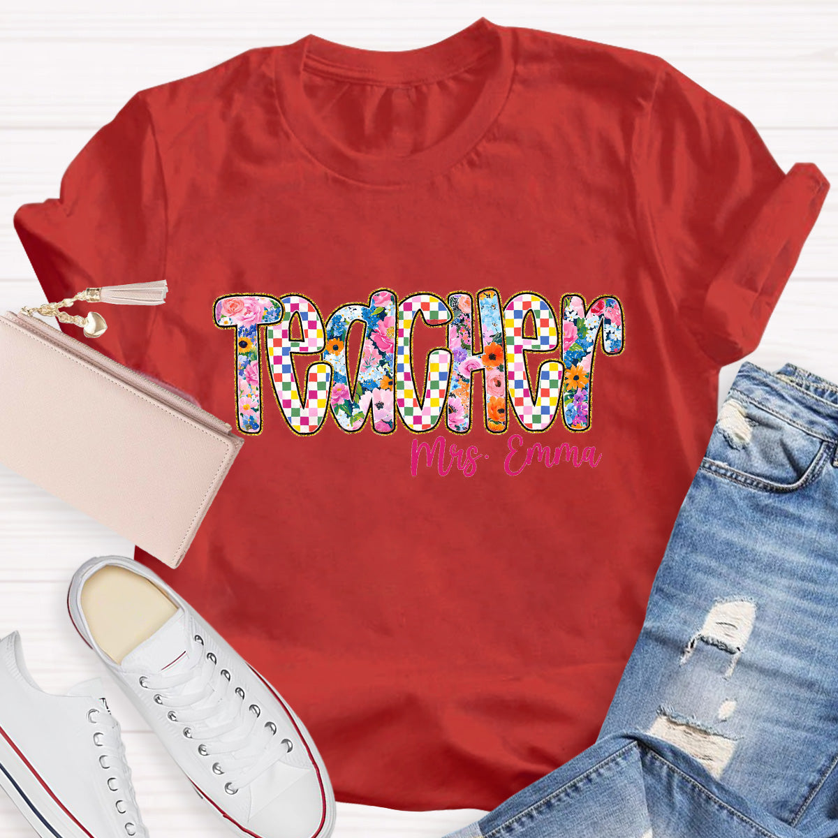 Personalized Name Pink Flowers  Teacher T-Shirt