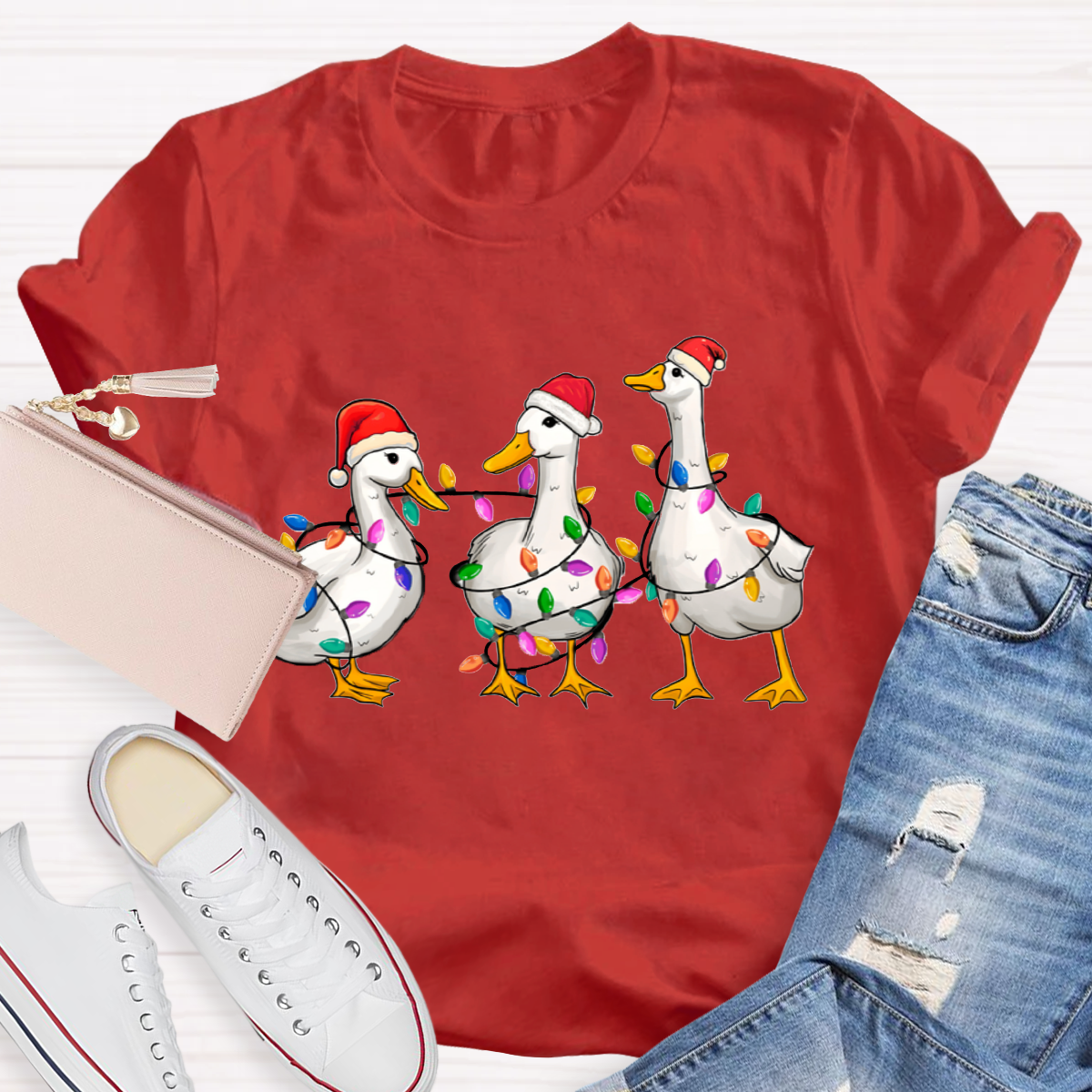 Christmas Ducks With Colorful Lights Teacher T-Shirt