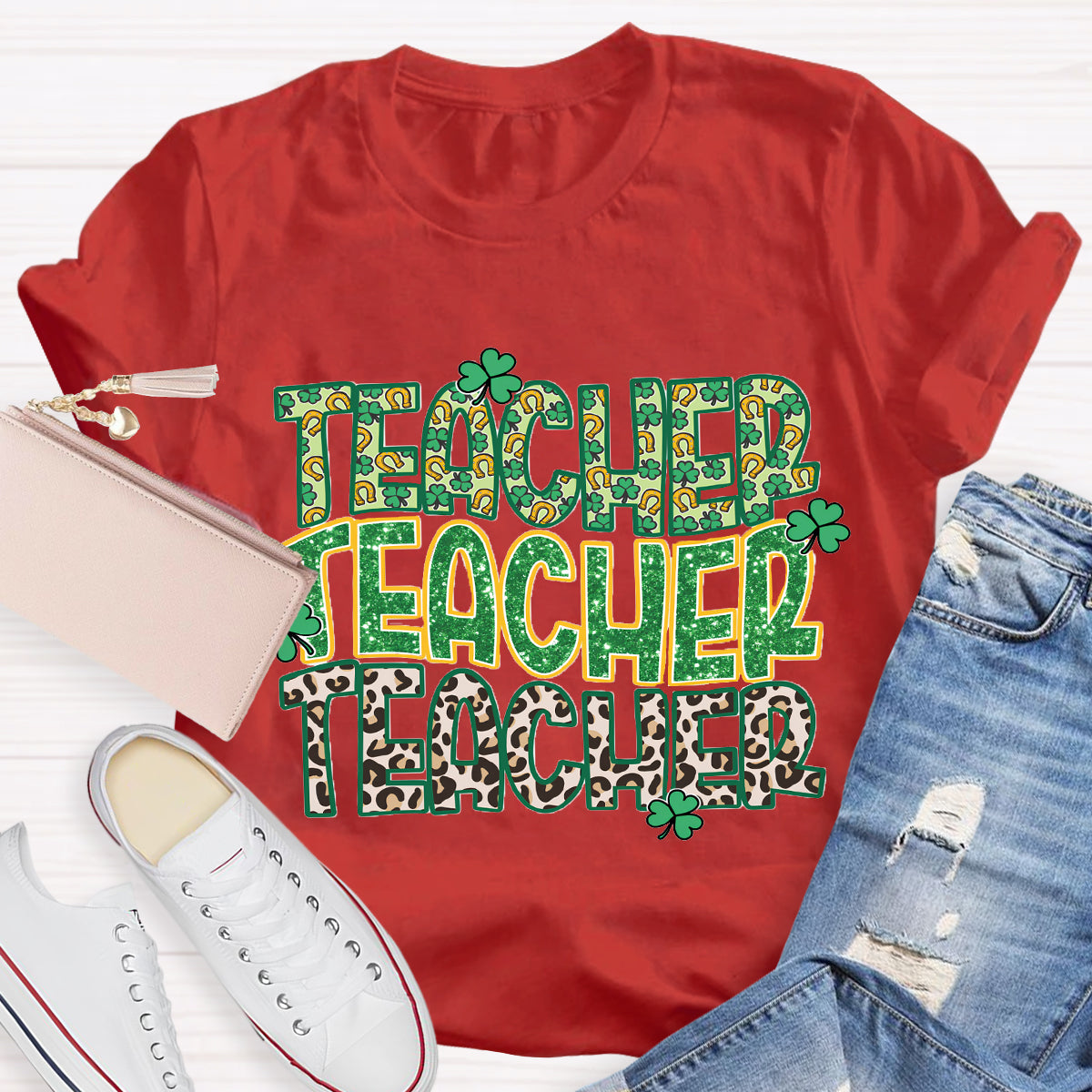 Green Clover Leopard Print Design Teacher T-Shirt