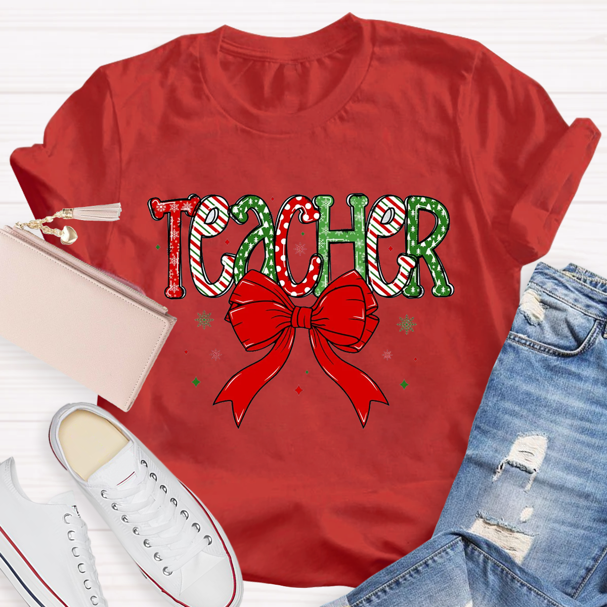 Christmas Bow Doodle Teacher T-Shirt